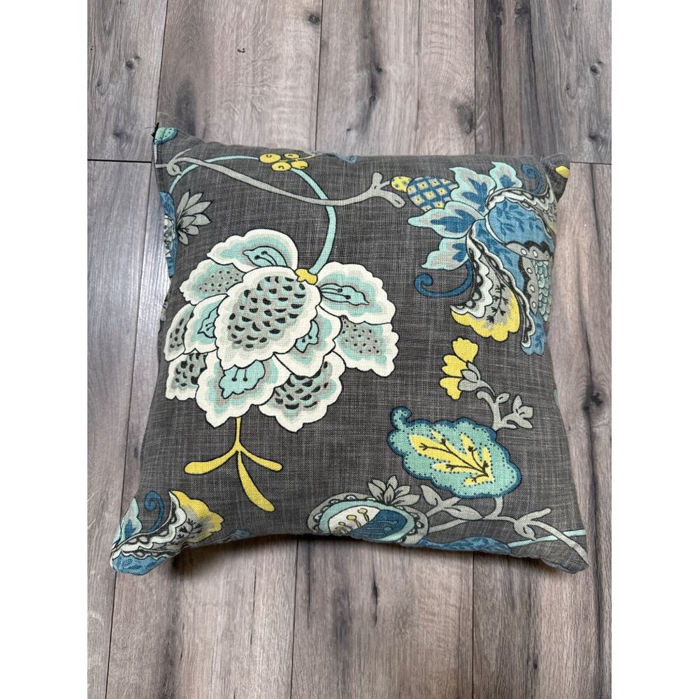 Floral Decorative Throw Pillow - 18 x 18 Inches - Gray With Blue & Yellow Accent
